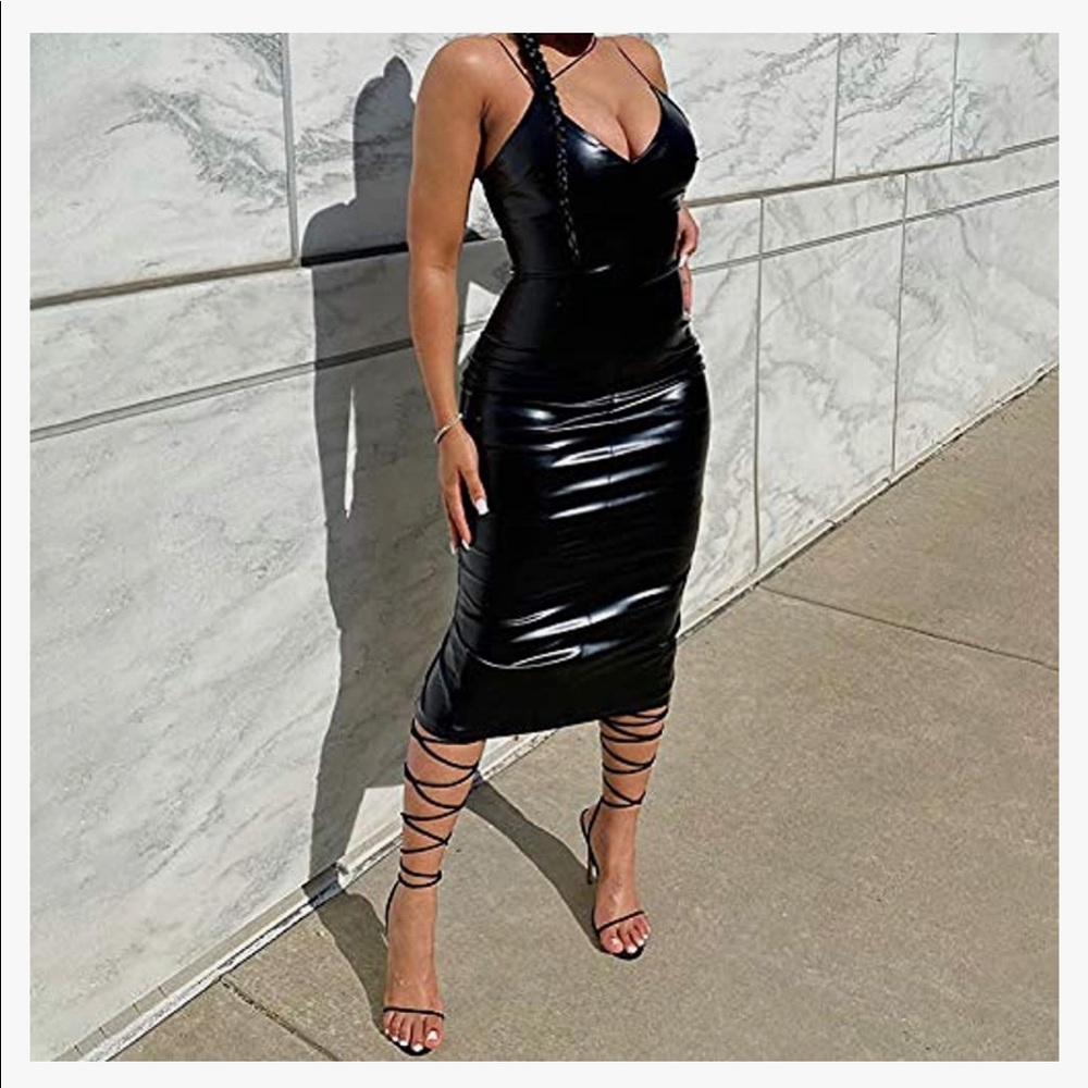 Faux Leather Dress high split in back